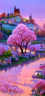 Dreamy village landscape with pink blossoms and a river.