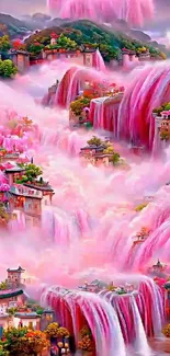 Surreal pink waterfall fantasy landscape with vibrant colors and dreamy scenery.