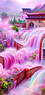 Pink fantasy waterfalls cascade through an enchanting landscape.