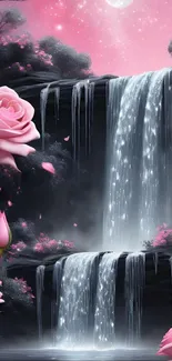 Dreamy pink waterfall with roses and night sky.