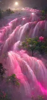 Dreamy pink waterfall cascading through lush greenery at night.