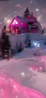 Winter cabin with pink lights in snowy landscape.