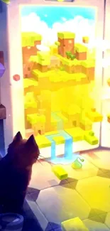 Cat gazes at a pixelated, colorful landscape through an open door.