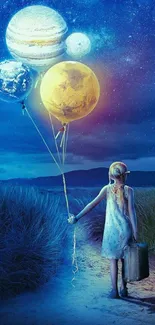 Girl holding planet balloons under starry sky wallpaper.