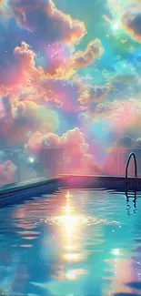 Dreamy pool reflecting pastel clouds with vibrant sky.