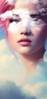 Ethereal portrait of a woman with pink hair surrounded by clouds.