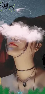 Artistic portrait with cloud covering face in a surreal style.