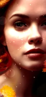 Artistic portrait of a woman with glowing flowers and vibrant orange accents.