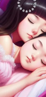 Two princesses sleeping with crown and jewels in a celestial fantasy setting.