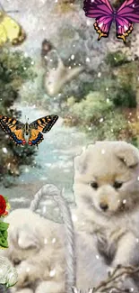 Whimsical wallpaper with puppies, butterflies, and flowers in a dreamy landscape.