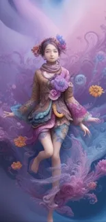 Dreamlike purple and pink wallpaper with a whimsical figure.