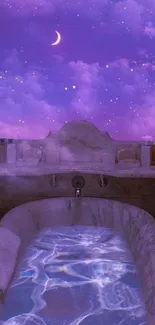 Dreamy purple bathroom wallpaper with stars and a serene bathtub.