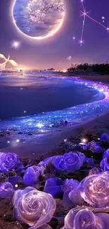 Dreamy purple beach with glowing flowers under a cosmic sky.