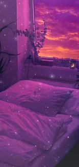 Purple bedroom with starry sky and sunset view through a window.