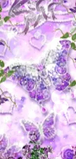 Purple butterfly with floral accents and sparkles on phone wallpaper.