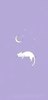 Purple background with a white cat and crescent moon.