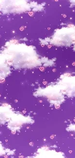 Dreamy purple wallpaper with clouds and pink hearts.