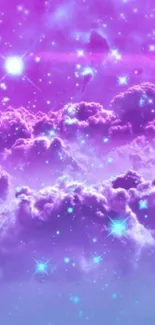 Dreamy purple clouds with stars creating a mystical sky view.