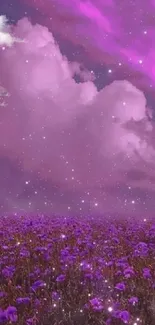 Dreamy purple sky with clouds and flowers under a starry night.