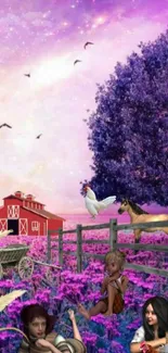 Fantasy purple farm scene with a red barn and mystical characters.