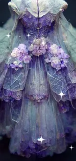 Whimsical purple floral dress in dreamlike art style.