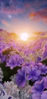 Purple flowers with serene sunset and starry sky.