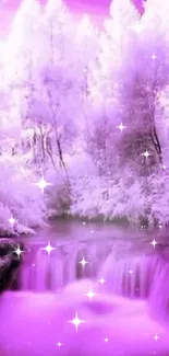 Dreamy purple forest with waterfall wallpaper.