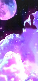 Dreamy purple galaxy wallpaper with pink moon and clouds.