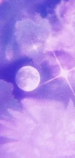 Purple galaxy wallpaper with moon and stars on a dreamy background.