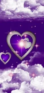 Purple sky with hearts, stars, and clouds in a dreamy wallpaper.