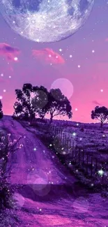 Dreamy purple landscape with moon and stars, perfect for wallpaper.