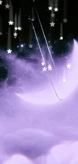 Dreamy purple crescent moon in clouds and stars wallpaper.