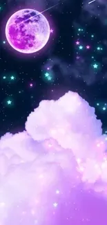 Dreamy purple moon with vibrant clouds and stars wallpaper.