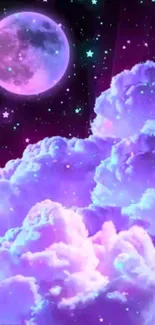 Purple moon and clouds with stars in a dreamy night sky wallpaper.