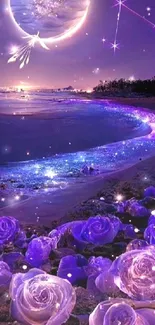 Dreamy purple beach with moonlit sky, glowing roses, and sparkling waves.