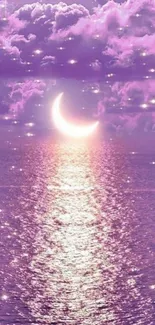 Purple moonlit ocean with crescent moon and sparkles.