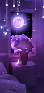 A dreamy purple room with a glowing moon and stars.