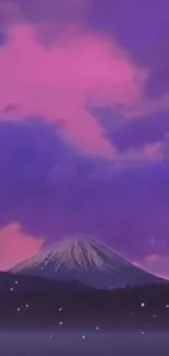 Purple twilight sky over a majestic mountain landscape.