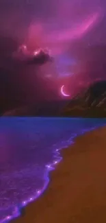 Dreamy purple night beach with glowing waves and crescent moon.