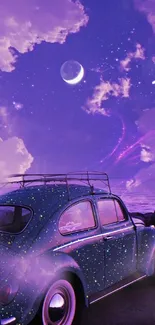 Vintage car under a starry purple sky with crescent moon.