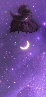 Dreamy purple night sky with stars and a crescent moon.