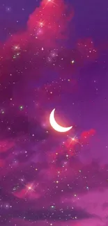 Crescent moon in a purple starry night sky full of dreamy clouds and twinkling stars.