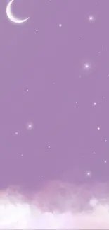Dreamy purple night sky with crescent moon and stars.