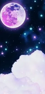 Dreamy wallpaper featuring purple moon and stars in the night sky with fluffy clouds.