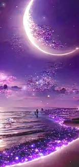 Purple night sky with crescent moon and stars over a serene beach.