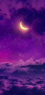 Purple night sky with crescent moon and stars, mobile wallpaper.