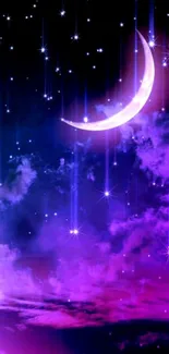 Purple night sky with crescent moon and stars wallpaper.