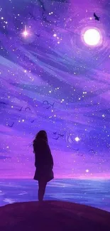 A figure gazes at a vibrant purple night sky filled with stars and clouds.