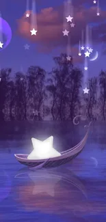 Star-filled boat under a purple night sky with cosmic elements.