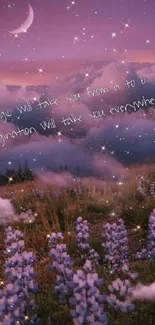 Purple nightscape wallpaper with stars and text over flowers.